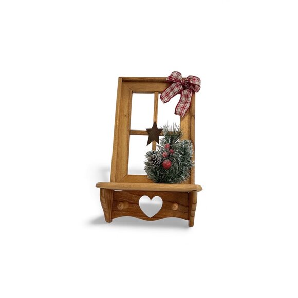 Wooden Wall-Mounted Rustic Window Shelf Décor With Star Bow & Christmas Greenery - Picture 6 of 8